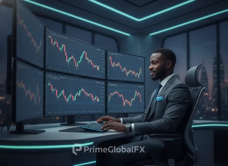 Professional trader analyzing forex charts on multiple monitors