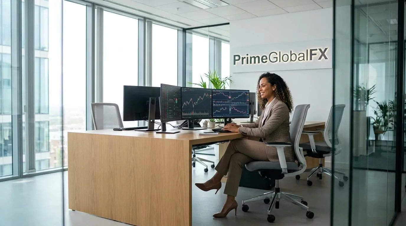 Professional trader analyzing markets on multiple screens in a modern office