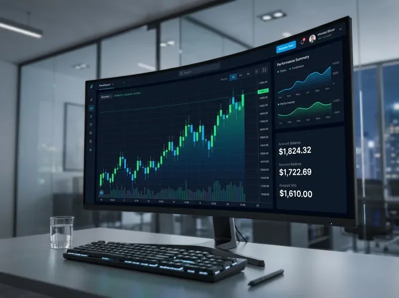 Trading platform dashboard preview with market analysis charts