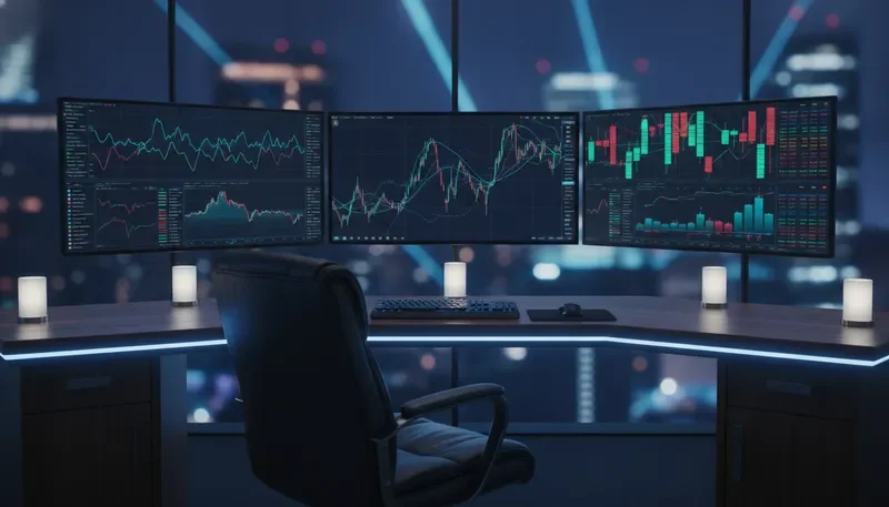 Professional multi-monitor forex trading desk with live market data